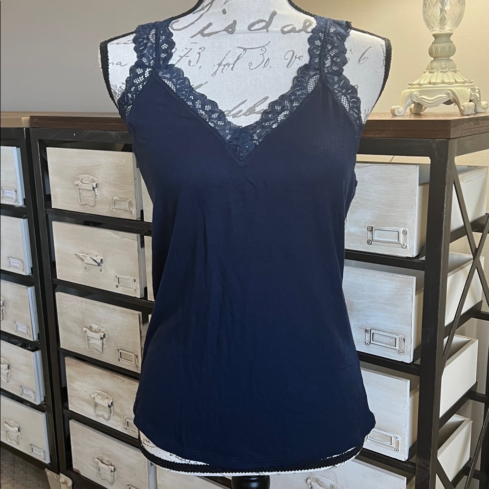 Soma Navy Blue Lace Trim Camisole - Picture 2 of 9